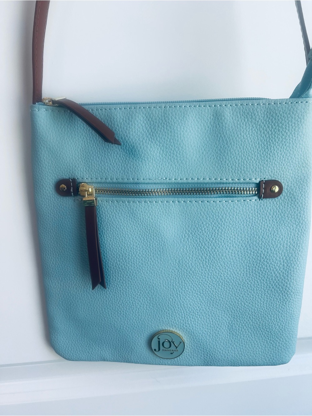 Joy Mangano Teal leather Crossbody Bag with Brown Strap